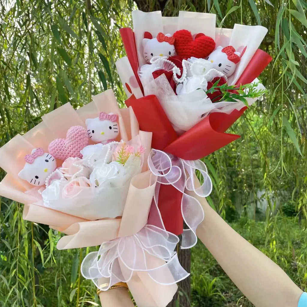 Kawaii Cat Plush Bouquet with Artificial Flowers — Cute Plush Doll Gift for Her, Valentine, Birthday, Graduation