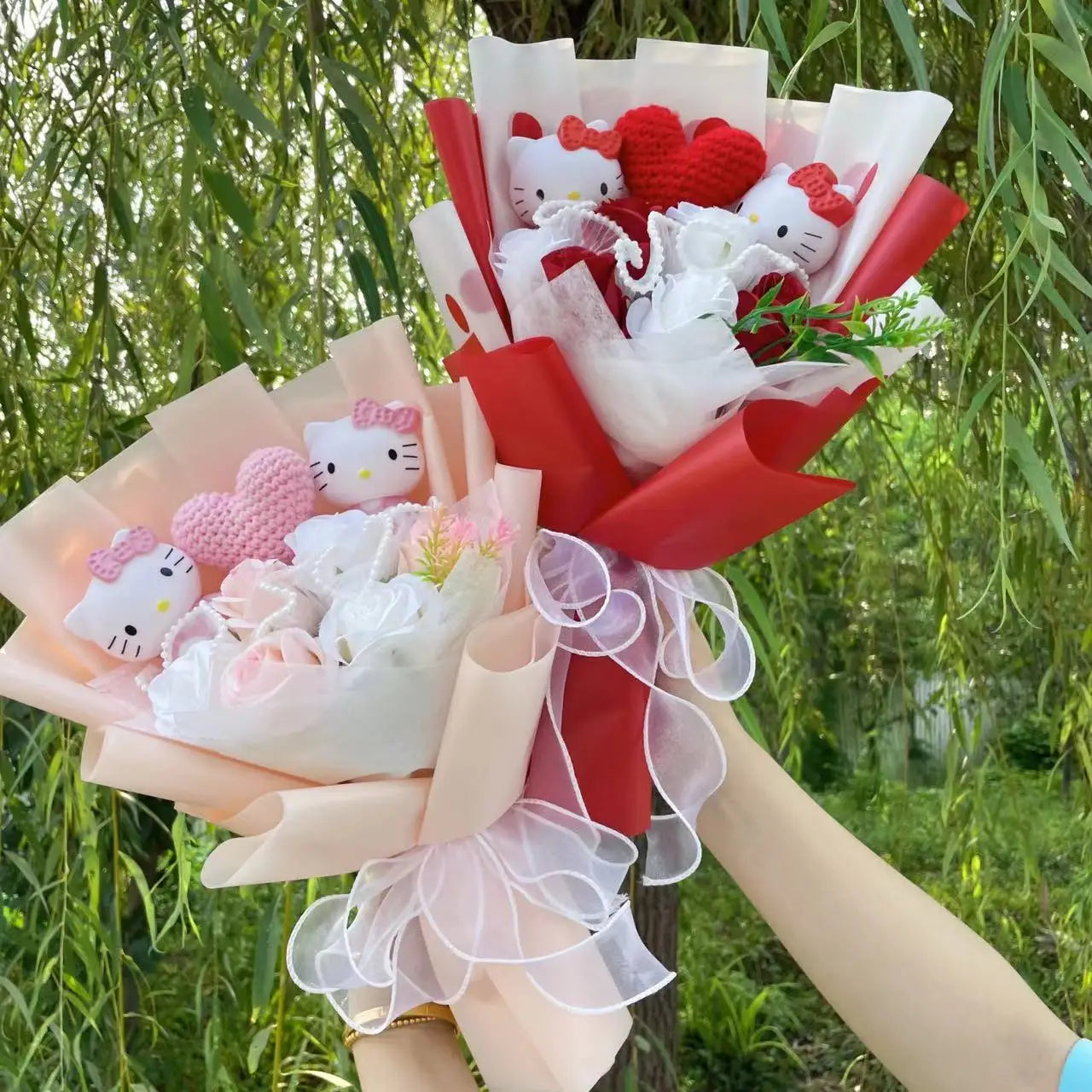 Kawaii Cat Plush Bouquet with Artificial Flowers — Cute Plush Doll Gift for Her, Valentine, Birthday, Graduation