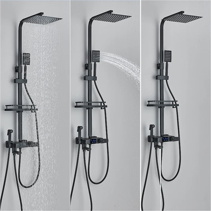 Black Thermostatic Shower Mixer with Digital Display, 4-Way Valve, 8-Inch (20 cm) Rainfall Head & Shelf