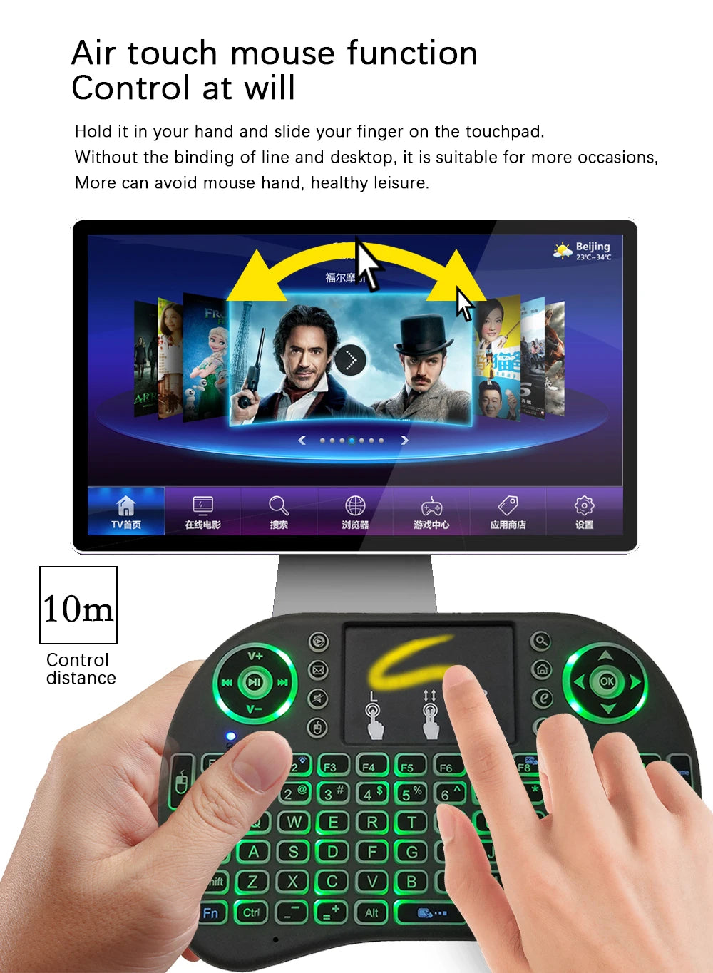 2.4G Air Mouse Touchpad Keyboard – Backlit Mini Wireless QWERTY Remote for PC & Android TV Box (Arabic, French, Spanish, Russian)