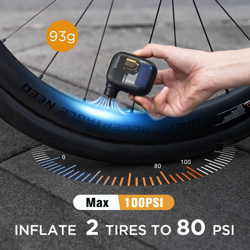 Mini Portable Rechargeable Bike Pump 100 PSI USB-C Air Inflator for Schrader & Presta Valves