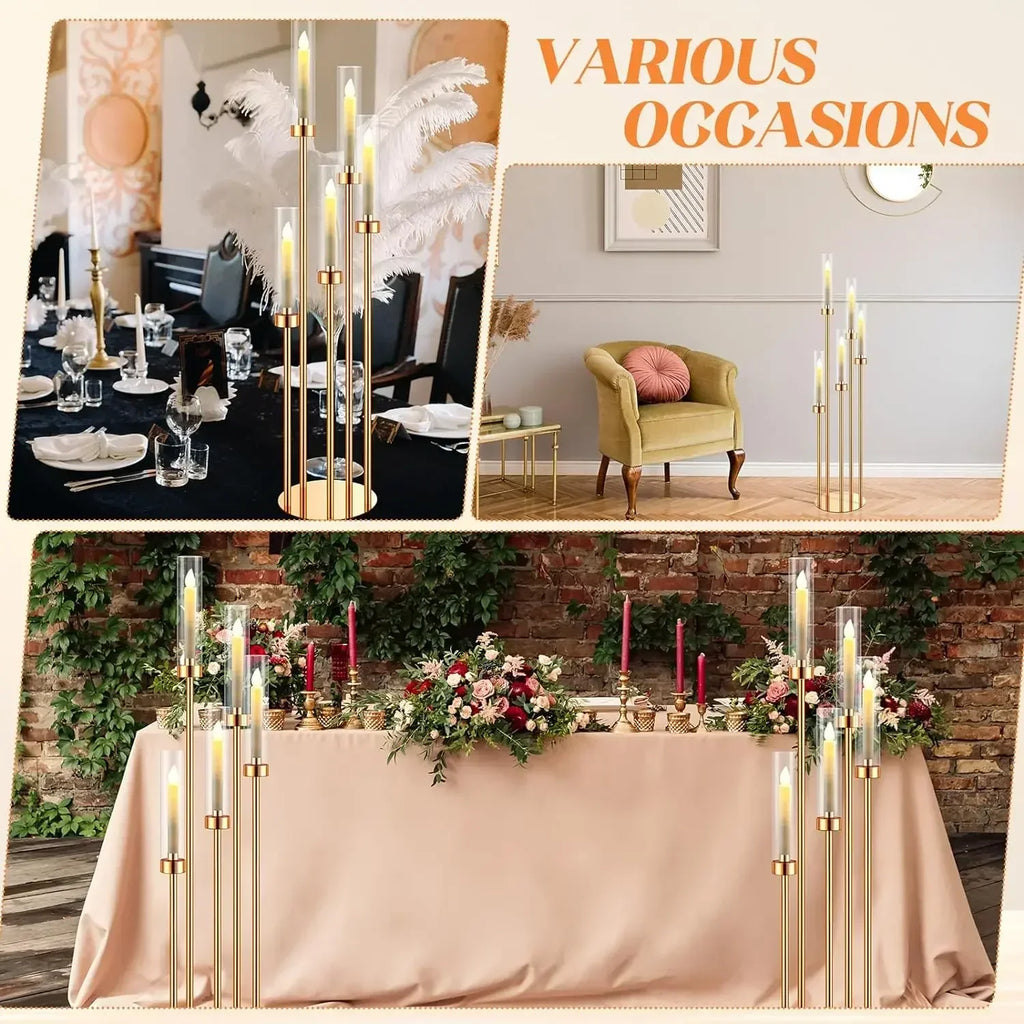 5-Arm Floor Candelabra 42.5 in (108 cm) Gold Metal Candle Holder with 5 Acrylic Shades for Wedding Centerpiece