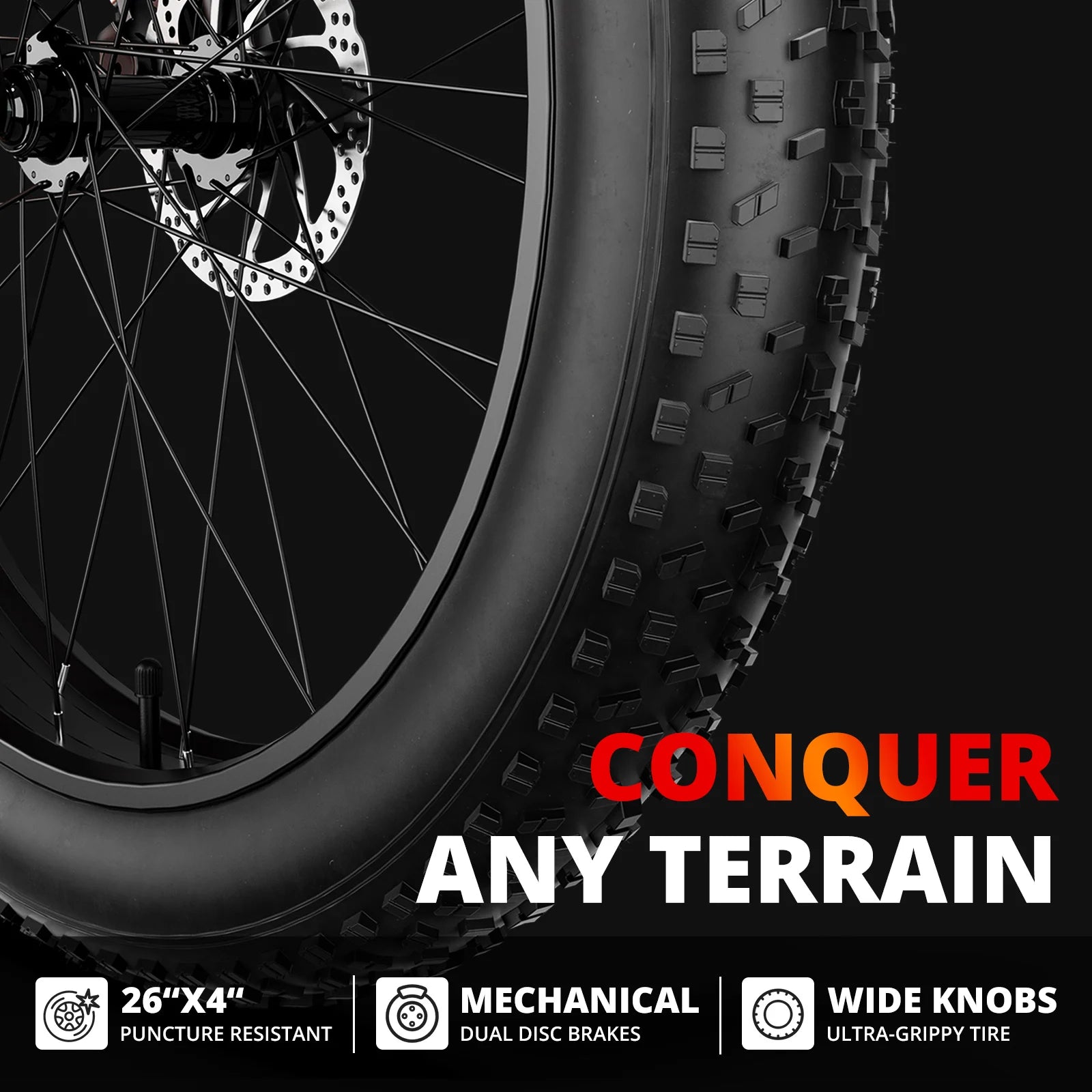 26" Electric Fat Tire Mountain Bike — 1500W Peak, 48V 15Ah Battery, 26x4.0 Off‑Road eBike, Up to 31 mph (50 km/h)