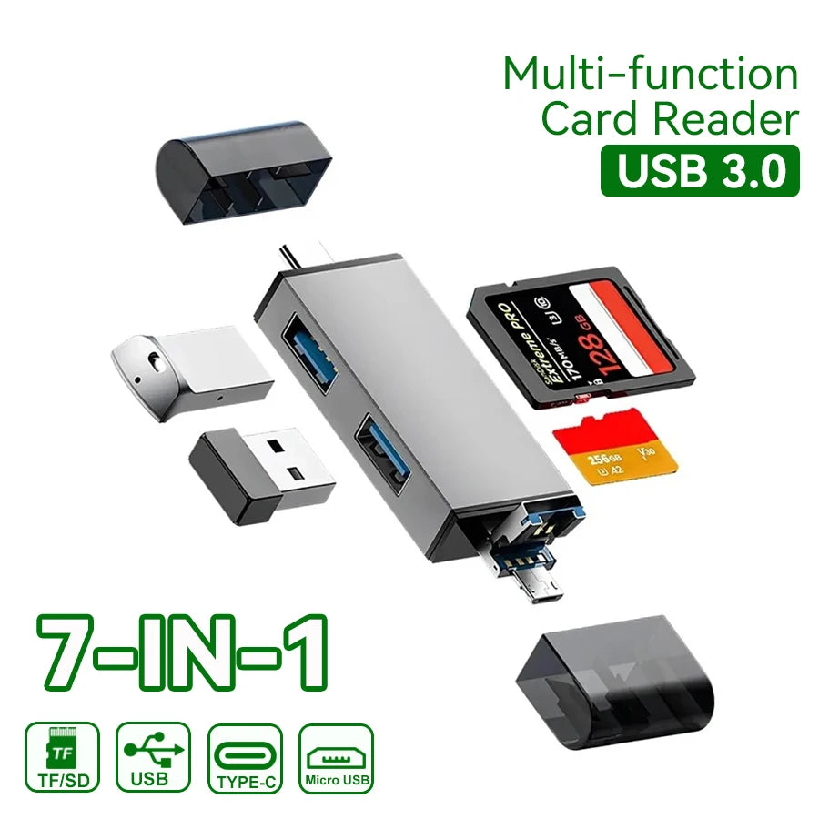 7-in-1 USB Card Reader USB 3.0 Type-C Micro USB Adapter for SD & microSD Cards - PC, Laptop, OTG Smartphones