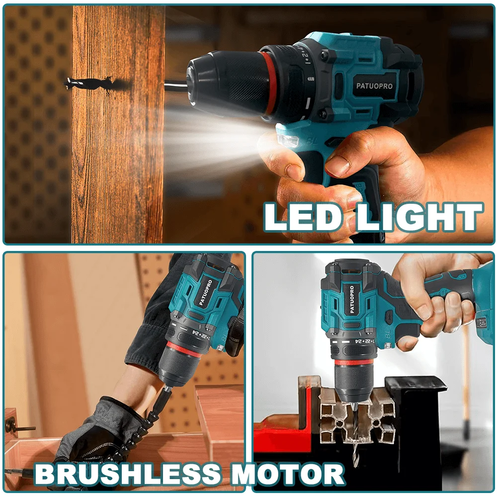 Brushless Cordless Drill 2-Speed - 3/8 in (0.8–10 mm) Keyless Chuck - 21+1 Torque - Compatible with 18V Slide Batteries (Battery Not Included)