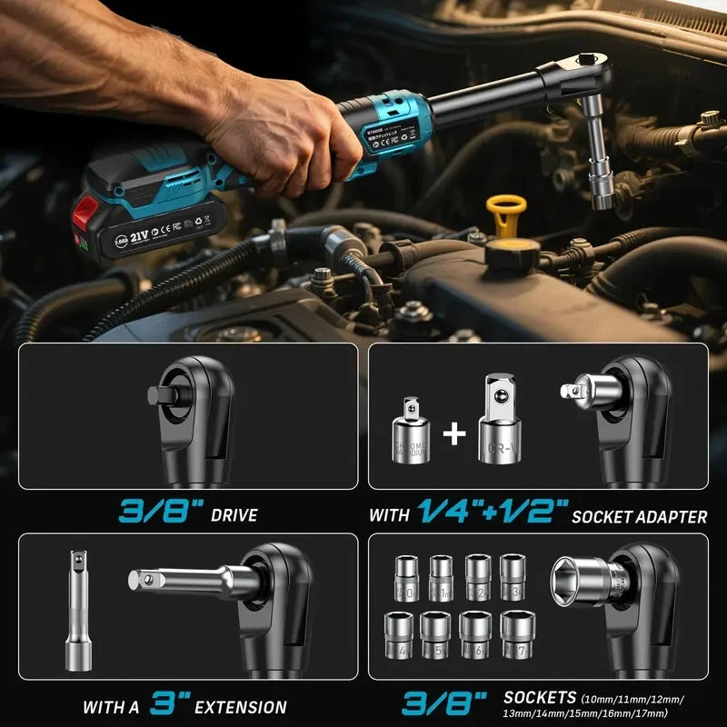3/8" Cordless Electric Ratchet Wrench 21V Brushless 66 ft-lbs (89 Nm) Extended 4" Neck with 2 Batteries, Charger & Socket Kit