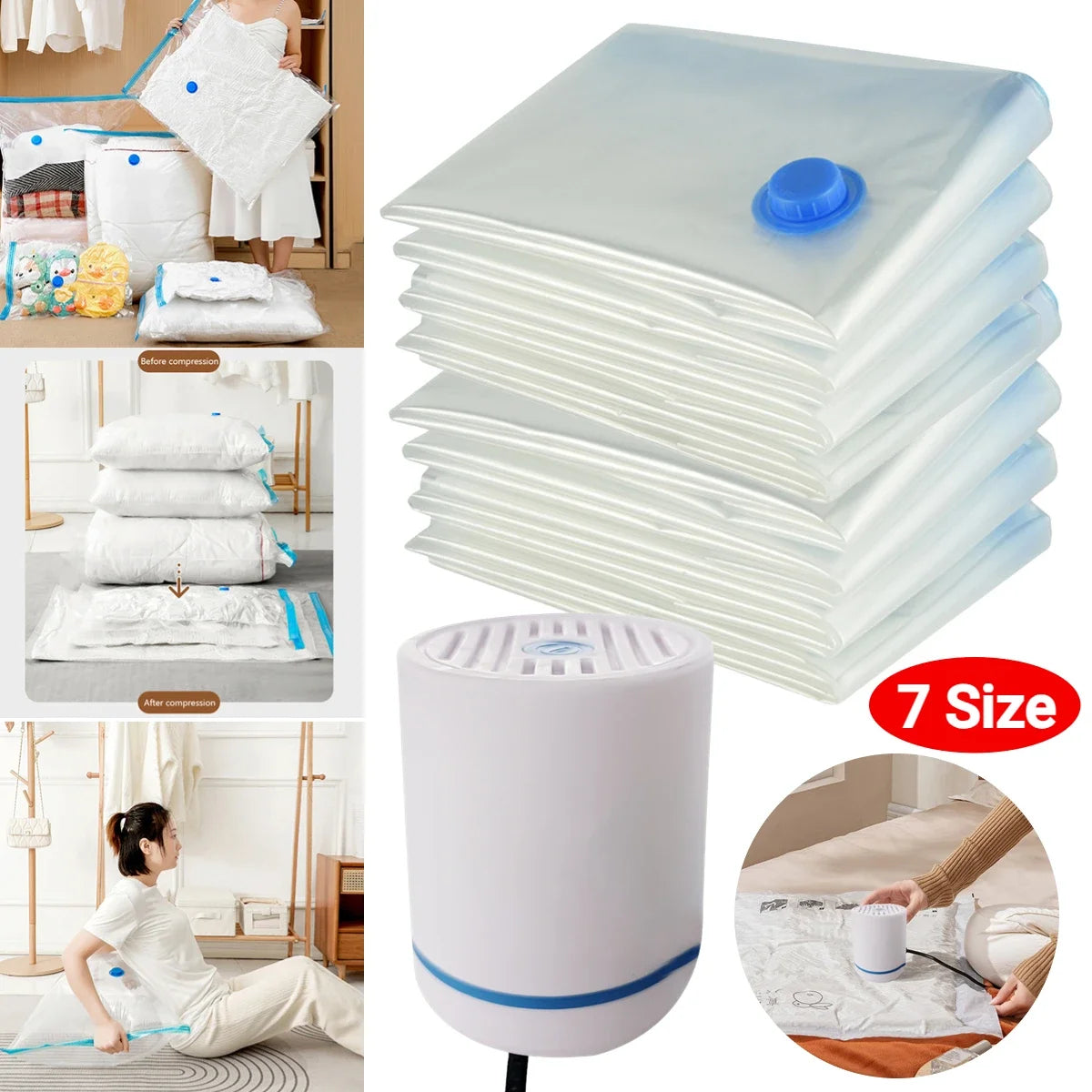 7 Sizes Reusable Vacuum Storage Bags with Mini Electric Pump – Space-Saving Compression Bags for Clothes, Bedding & Travel
