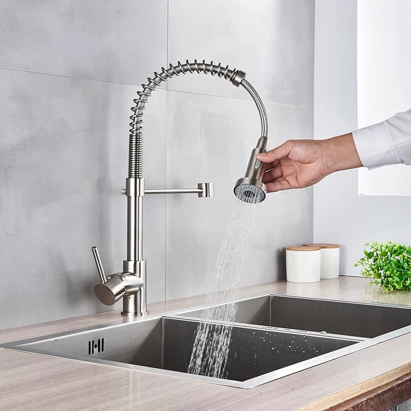 Brushed Nickel Pull-Down Kitchen Faucet, Deck-Mounted Mixer Tap, 360° Swivel, Stream & Spray, Single-Handle Hot/Cold