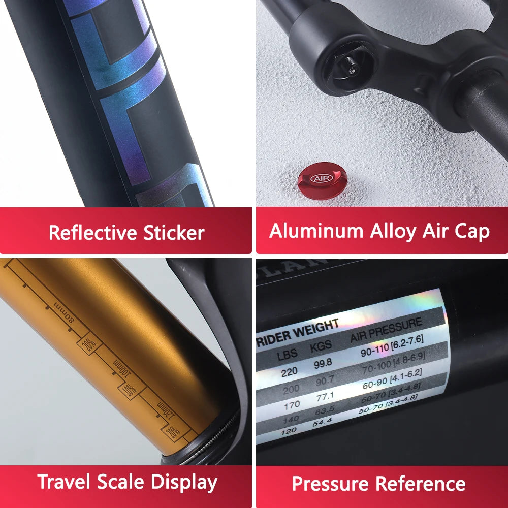MTB Air Suspension Fork — 120mm Travel, Rebound Adjustable, 26/27.5/29 in, 9x100mm Quick Release, Disc Brake Compatible