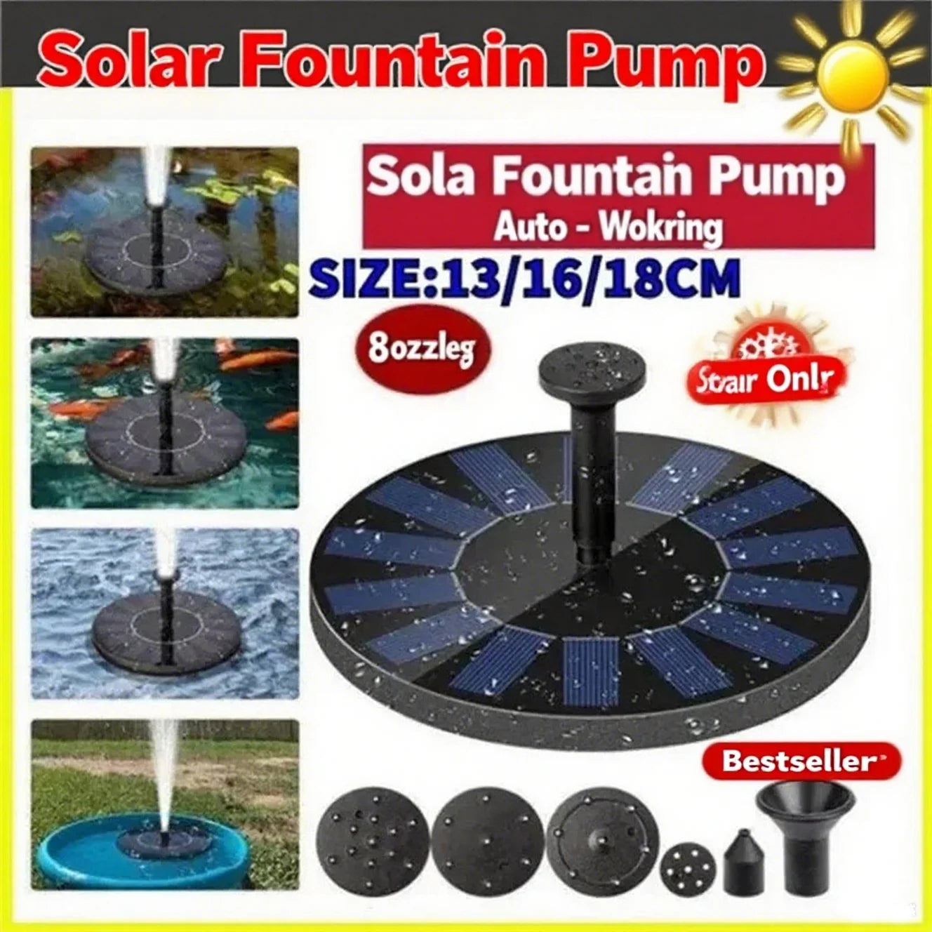 Solar Floating Fountain Pump for Bird Baths and Garden Ponds, 8-Nozzle — 13/16/18 cm (5.1/6.3/7.1 in)