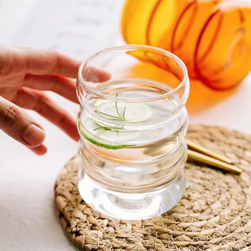4-Piece Ribbed Borosilicate Glass Cups with Straws – Clear Drinkware Set for Coffee, Cocktails & Juice