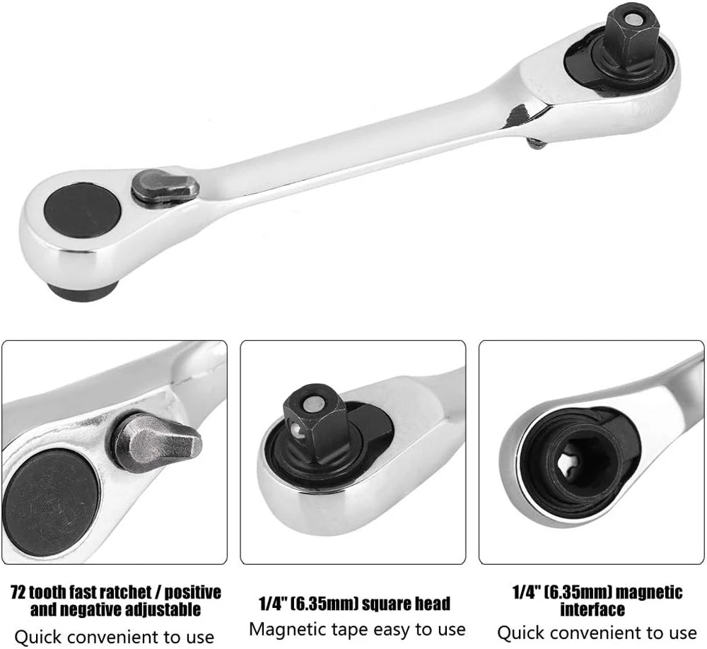 2-in-1 Mini 1/4" (6.35 mm) Ratchet Wrench & Bit Holder — 72-Tooth Double-Head