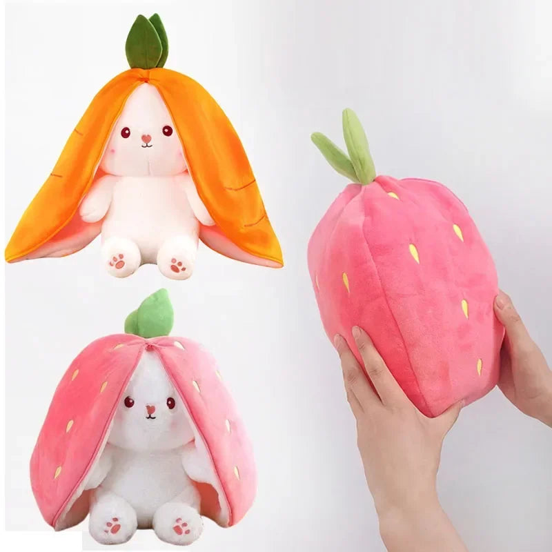25 cm (9.8 in) Strawberry Carrot Rabbit Plush Toy - Transforming Fruit Bunny Stuffed Animal for Kids Birthday Gift