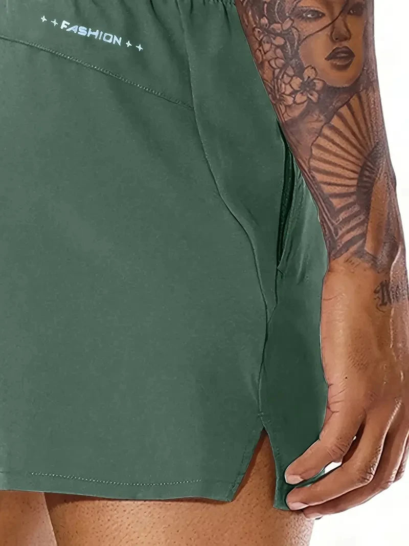Men's Summer Beach Casual Comfortable Elastic-Waist Solid Color Sports Shorts with Double Pockets