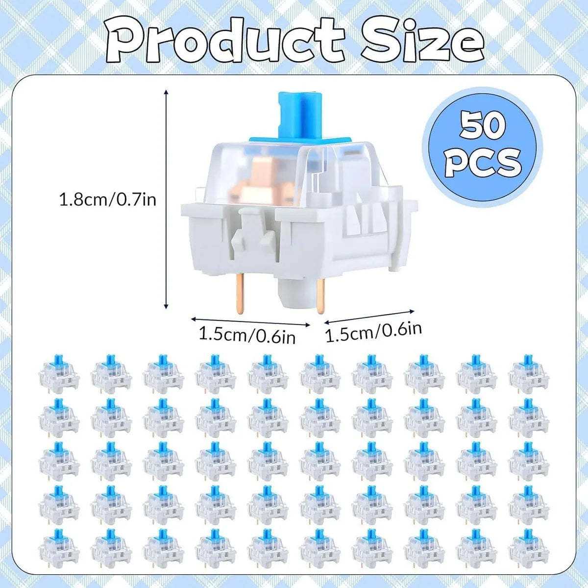 50-Pack Blue 3-Pin Mechanical Keyboard Switches – Clicky Tactile Replacement, LED-Transparent Housing