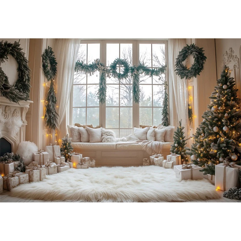 Christmas Fireplace Photography Backdrop — Gingerbread House & Wooden Window Holiday Photo Background for Kids & Family