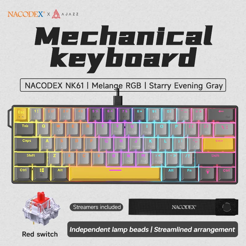 60% Mechanical Gaming Keyboard 61-Key Wired RGB Hot-Swappable Red Switch Mini Keyboard for PC