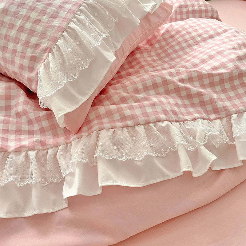 Korean Princess Lattice Double-Layer Lace Duvet Cover Set — Soft Microfiber Plaid Quilt Cover with Flat Sheet & Pillowcases (Single/Full/Queen: 150×200–200×230 cm / 59×79–79×91 in)