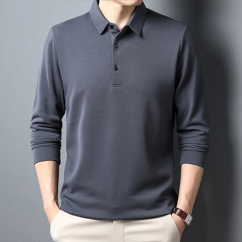 Men's Business Casual Long Sleeve Polo Shirt - Breathable Knit Polyester, Anti-Wrinkle