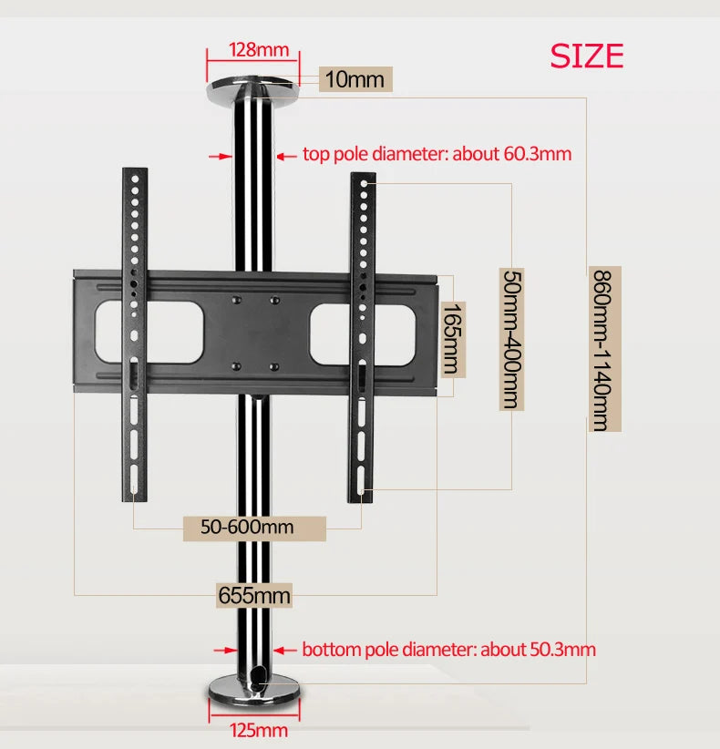 Stainless Steel Partition TV Mount for 23-65 in TVs – 360° Swivel, Height Adjustable 86-114 cm (34-45 in), Fits VESA up to 600x400