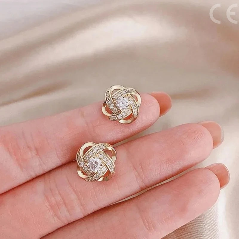 Zircon Heart Flower Crystal Stud Earrings Korean Square Geometric Design for Women Gift