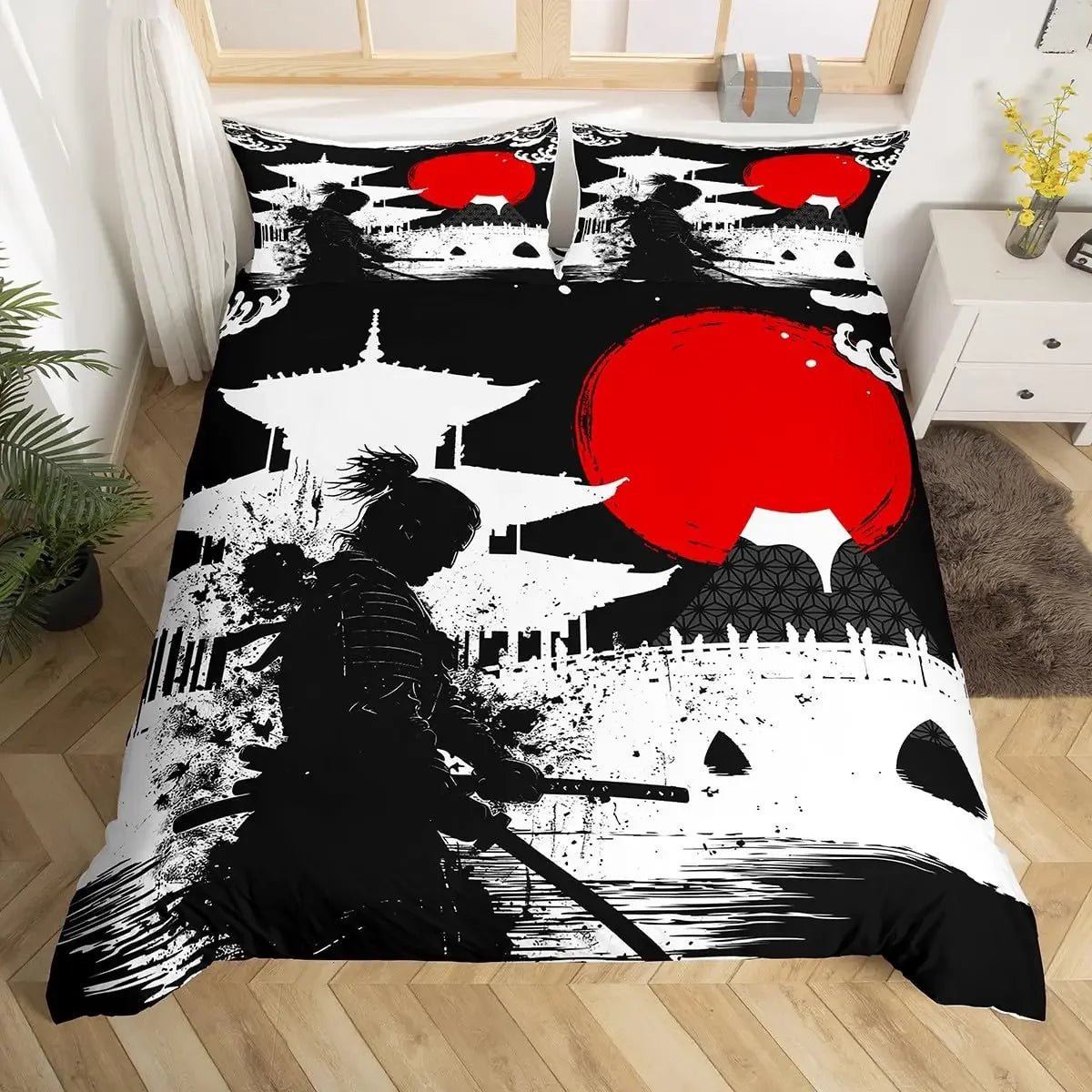 Japanese Samurai Duvet Cover Set 3-Piece - Cherry Blossoms Red Sun & Mount Fuji Print - Multiple Sizes (Twin/Full/Queen/King)