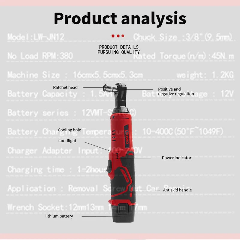 12V Cordless Right Angle Electric Wrench 45 Nm 3/8 in (9.5 mm) Ratchet Car Maintenance Tool with 4 Sockets