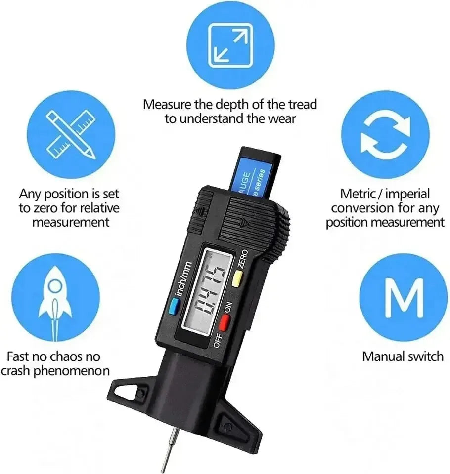 Digital Tire Tread Depth Gauge 0-25mm (0–0.98in) LCD Caliper — Portable Tire Gauge for Car, Motorcycle, Truck