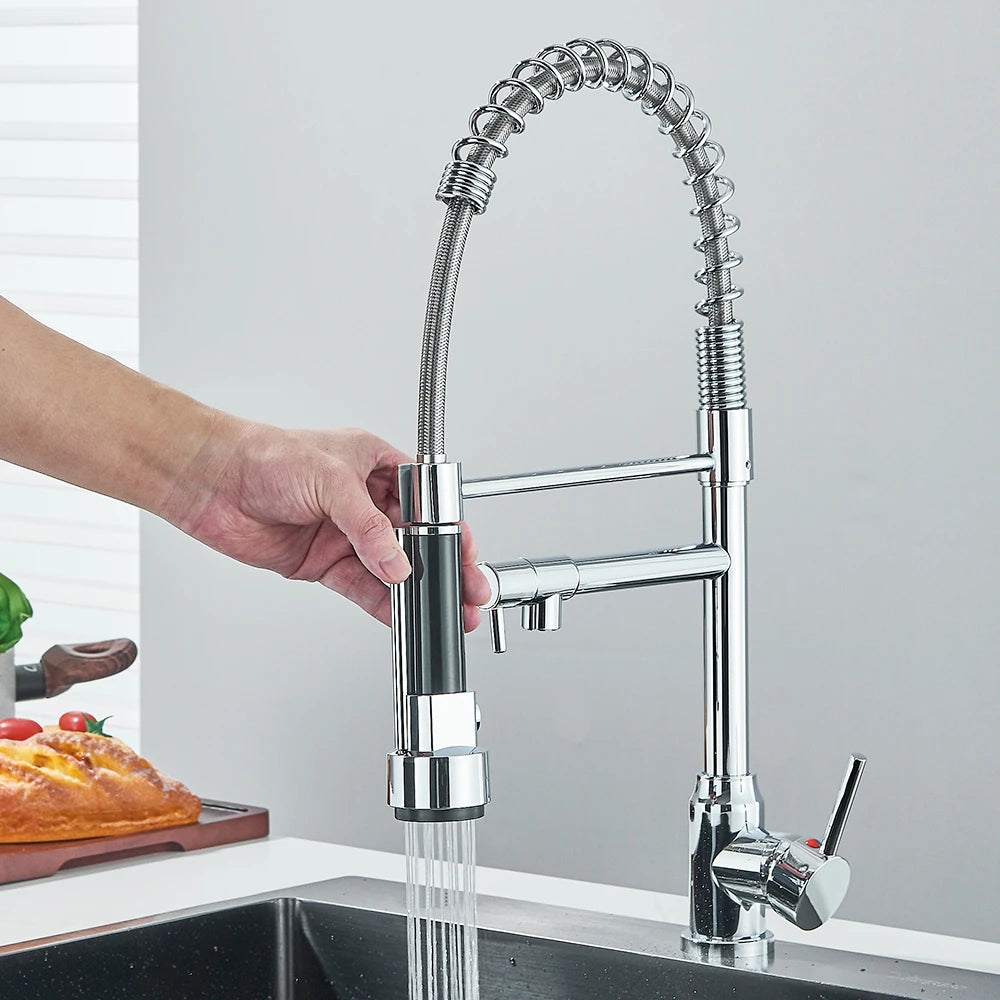 Pull-Down Spring Kitchen Faucet Single Lever Mixer Retractable Dual Spout Hot & Cold Stainless Steel