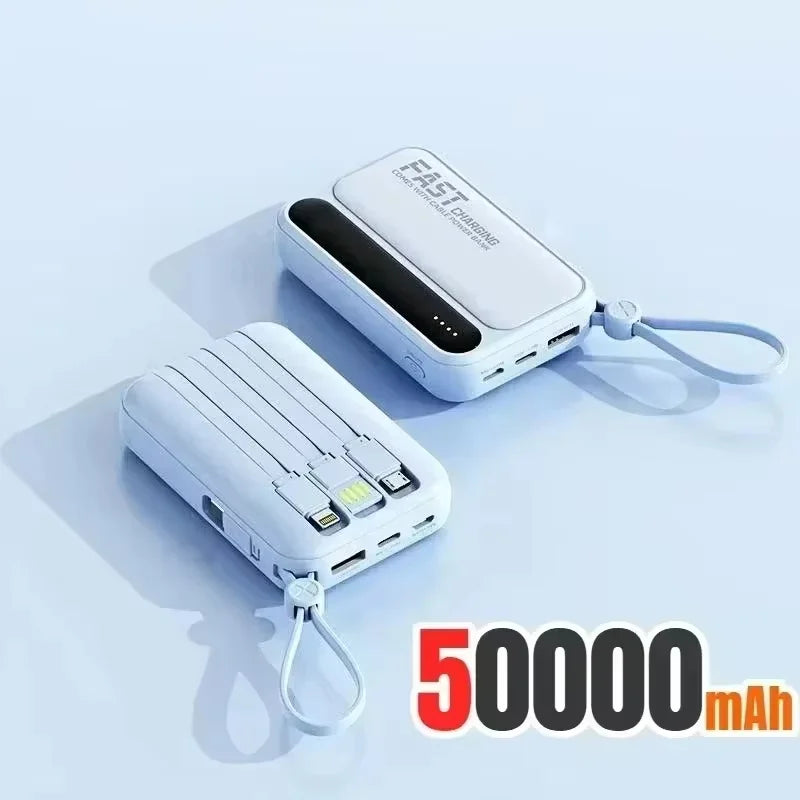 Fast Charging 50000mAh Power Bank with 4 Built-in Type-C Cables - 120W Portable Charger for iOS and Android Devices