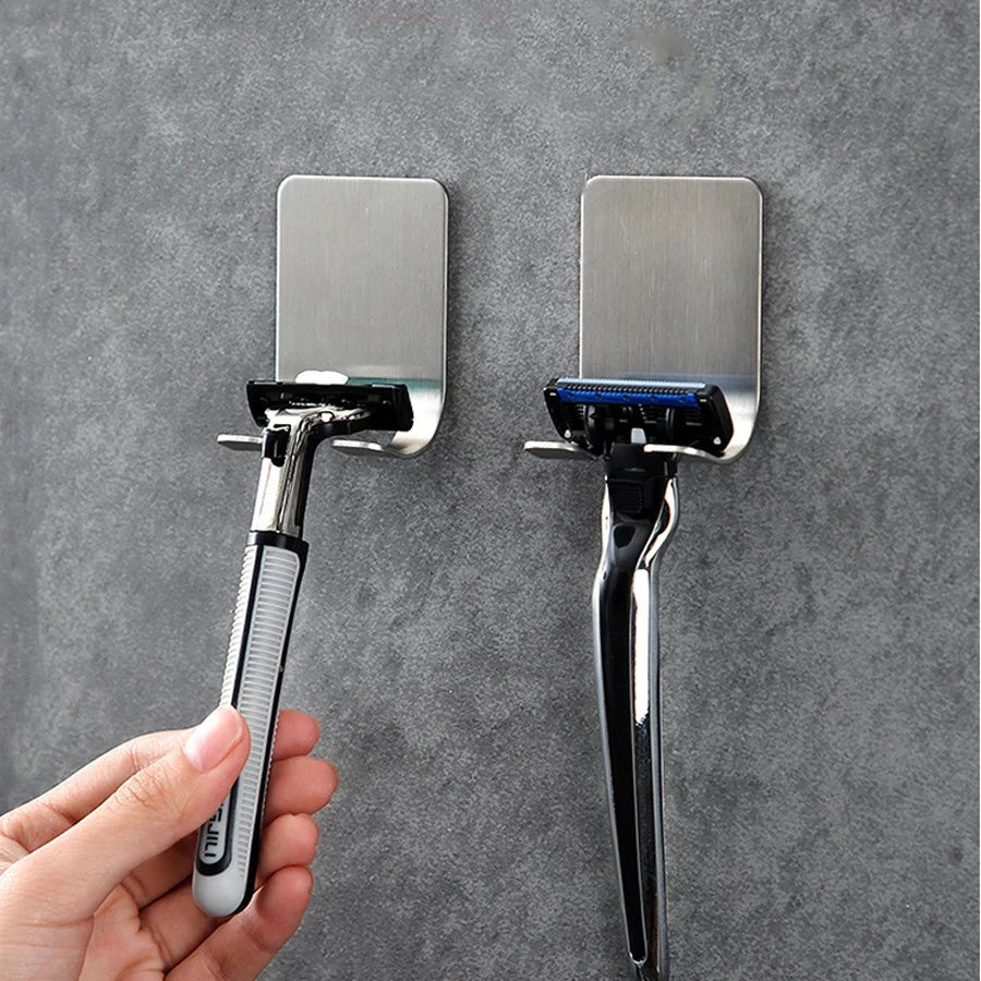 2-Pack 304 Stainless Steel Razor Holder Adhesive Wall-Mount Shaving Stand Bathroom Hook Organizer