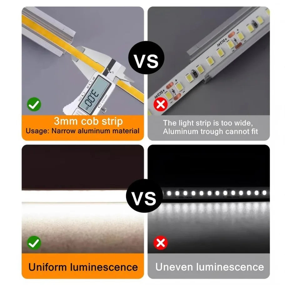 3mm (0.12in) Ultra-Thin COB LED Strip Light 12V – 400 LEDs/m Dimmable High-Density Flexible Tape, 3000K/4000K/6000K & Multicolor