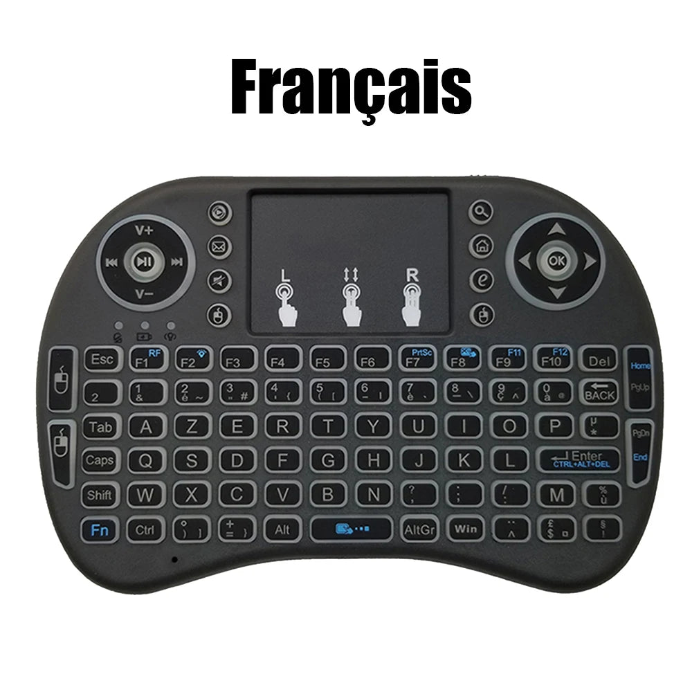 2.4G Air Mouse Touchpad Keyboard – Backlit Mini Wireless QWERTY Remote for PC & Android TV Box (Arabic, French, Spanish, Russian)