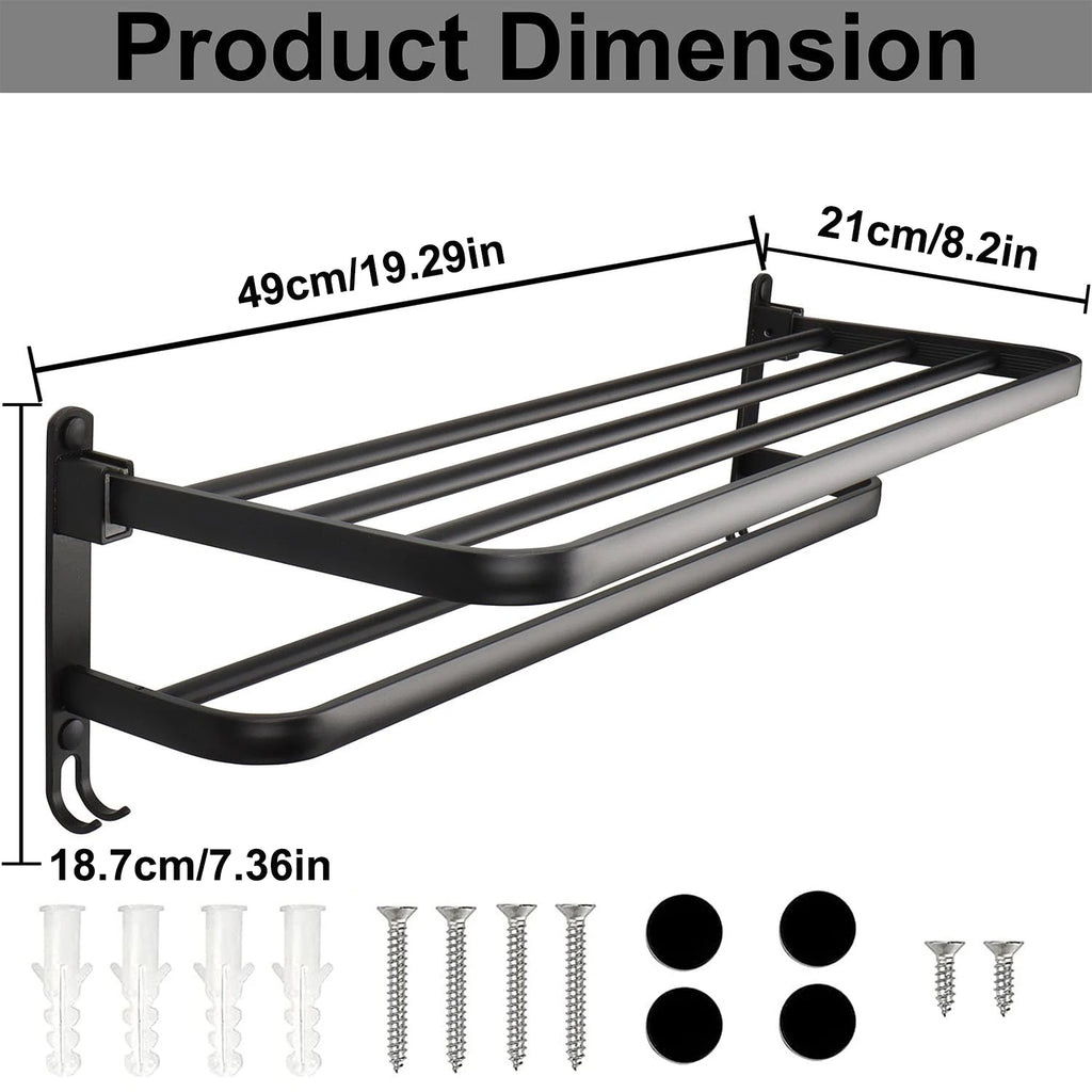 50 cm (19.7 in) Matte Black Folding Wall-Mount Aluminum Towel Rack with Hook, Double Bar
