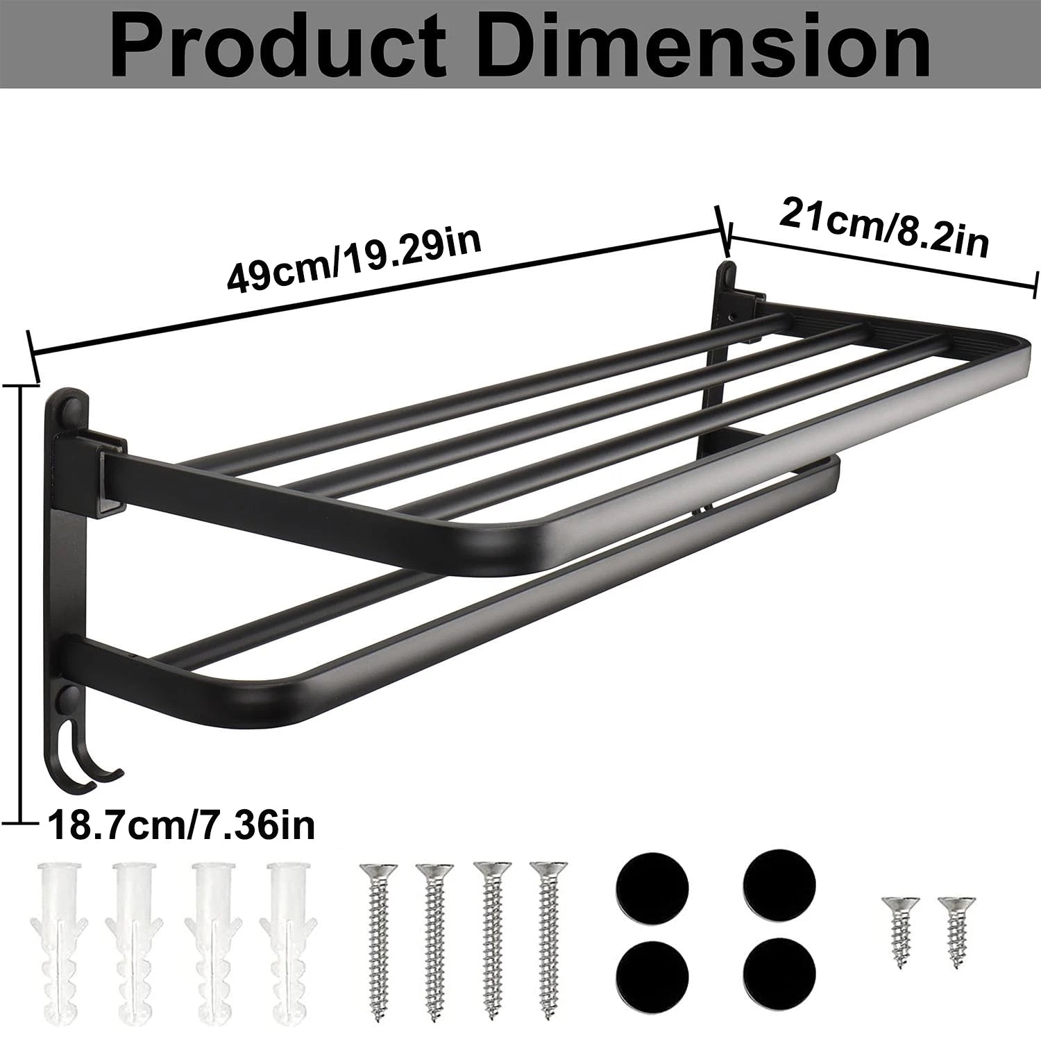 50 cm (19.7 in) Matte Black Folding Wall-Mount Aluminum Towel Rack with Hook, Double Bar
