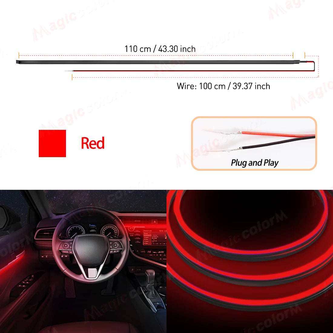 Car Interior Ambient LED Strip 110cm (43.3in), Universal DIY Flexible Cuttable Acrylic Lighting