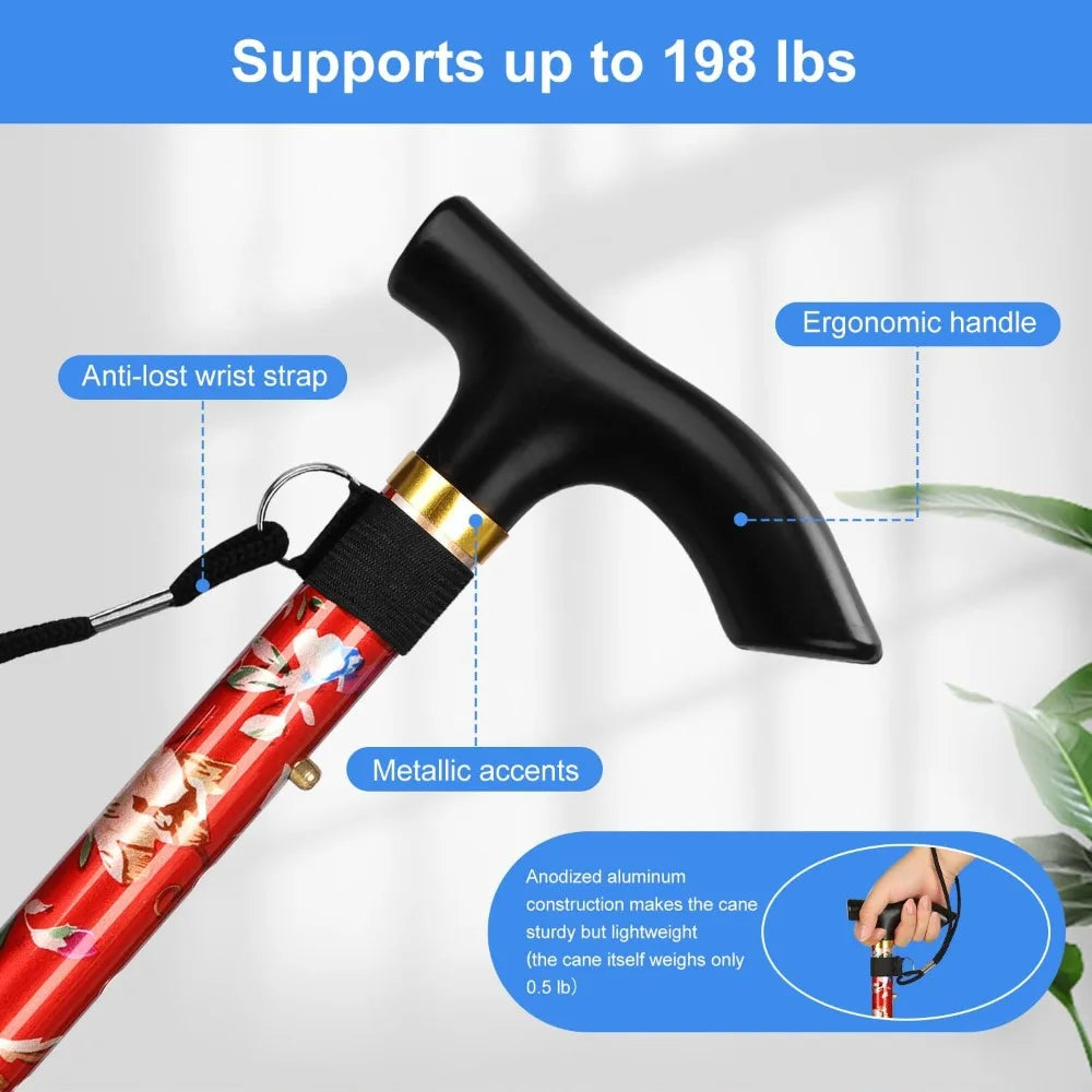 Adjustable Foldable Flower-Top Aluminum Walking Cane – T-Handle Portable Hiking Stick, 32–36 in (82–92 cm)