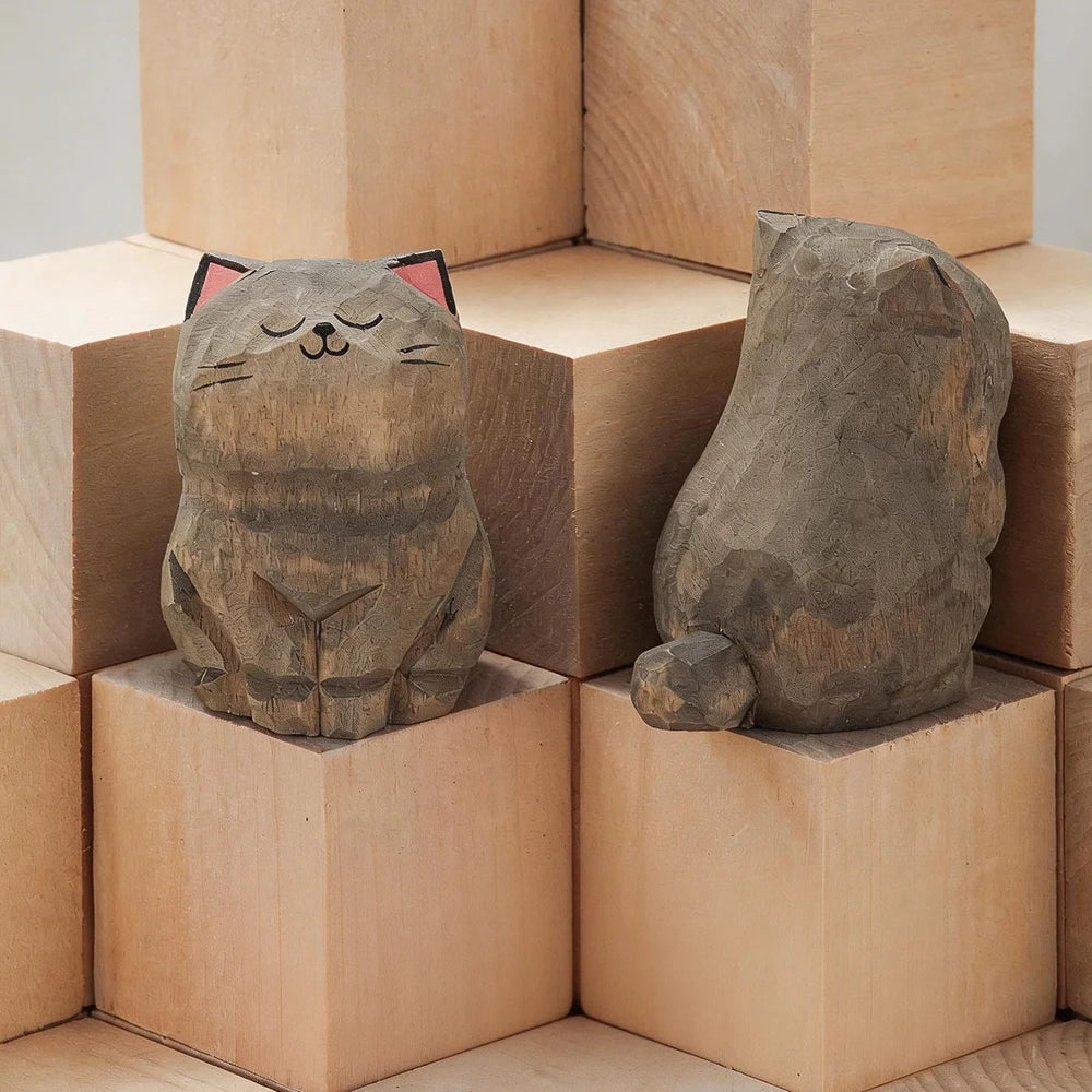 Set of 13 Hand-Carved Wooden Cat Figurines – Basswood Kitty Statues for Desk, Shelf, Car & Home Decor