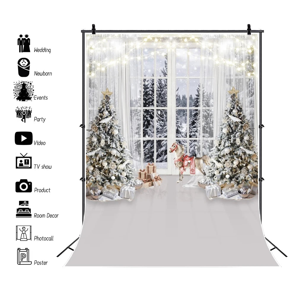 Christmas Photography Backdrop - Santa, Tree & Fireplace Winter Snow Wood Floor Portrait Background
