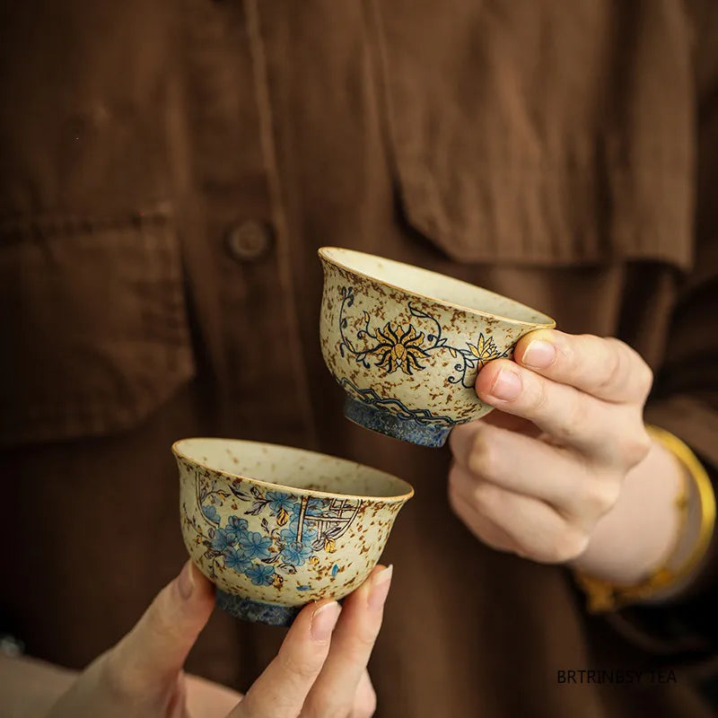 Handmade Floral Ceramic Tea Cup 45ml (1.5 fl oz) - Vintage Travel Teacup for Personal Tea & Meditation, 1-Pack