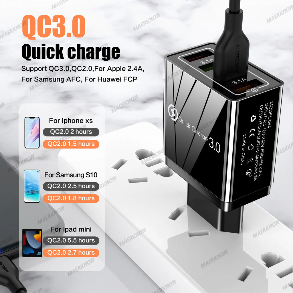 4-Port USB-A Wall Charger QC 3.0 3.1A Fast Travel Charger, 45W Total, US/EU Plug