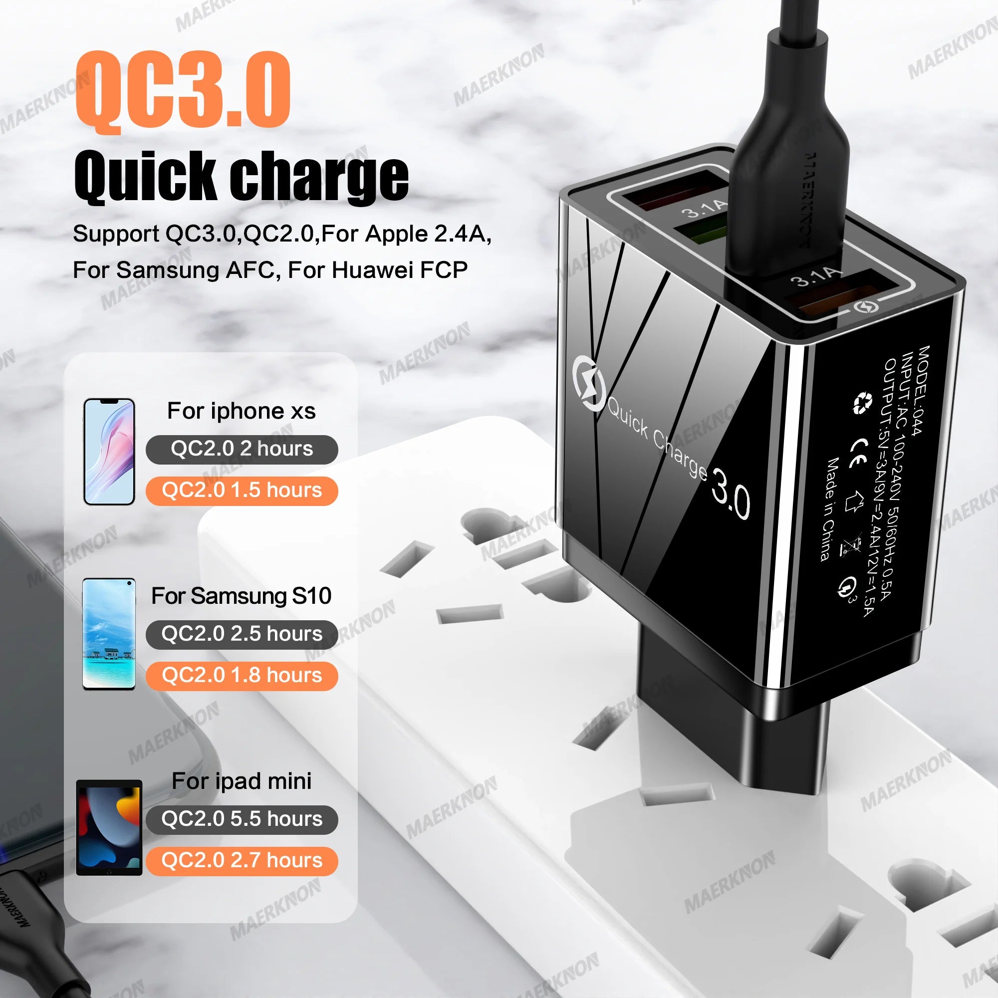 4-Port USB-A Wall Charger QC 3.0 3.1A Fast Travel Charger, 45W Total, US/EU Plug