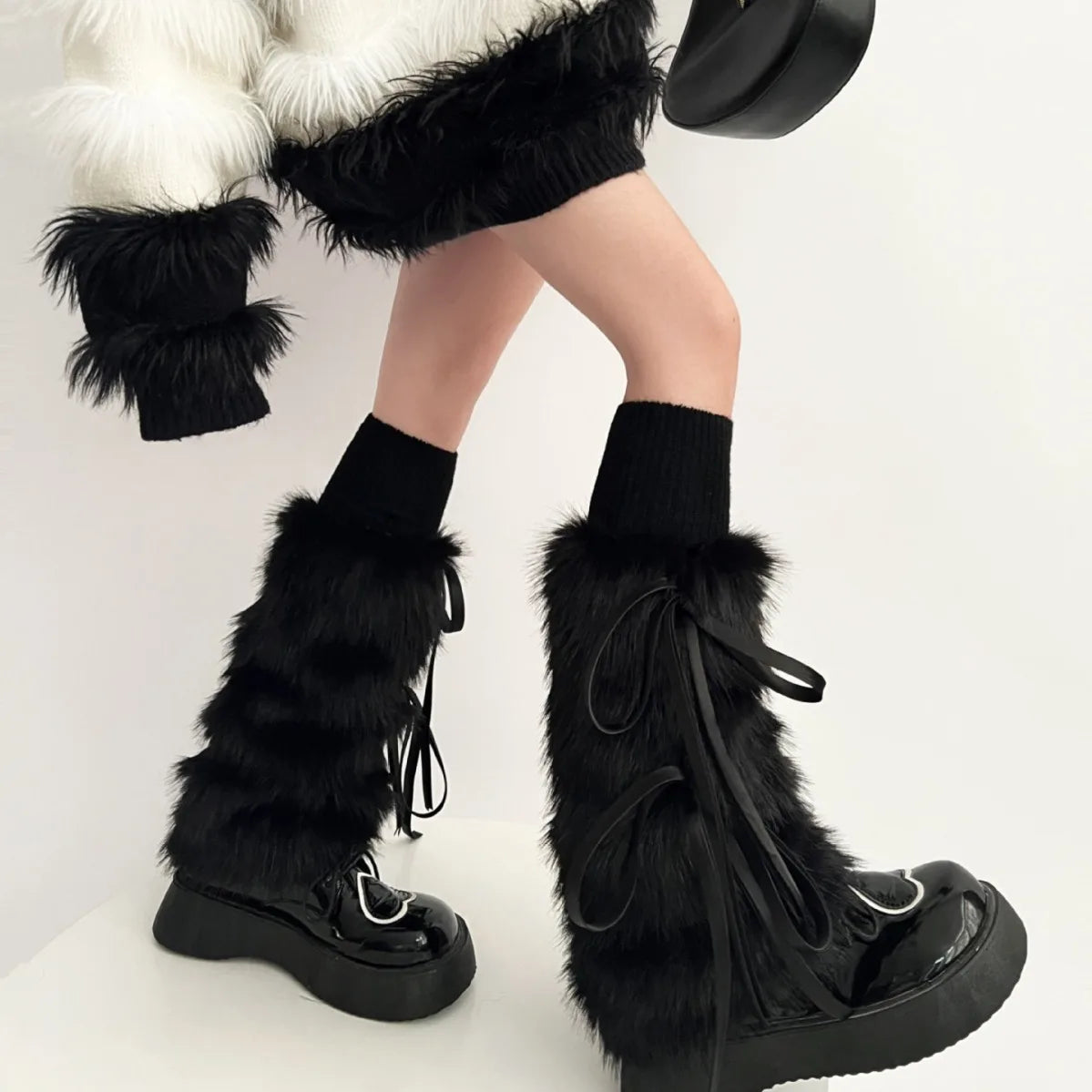 JK Harajuku Furry Plush Boot Cuffs Leg Warmers with Ribbon Bow – White Winter Boot Covers