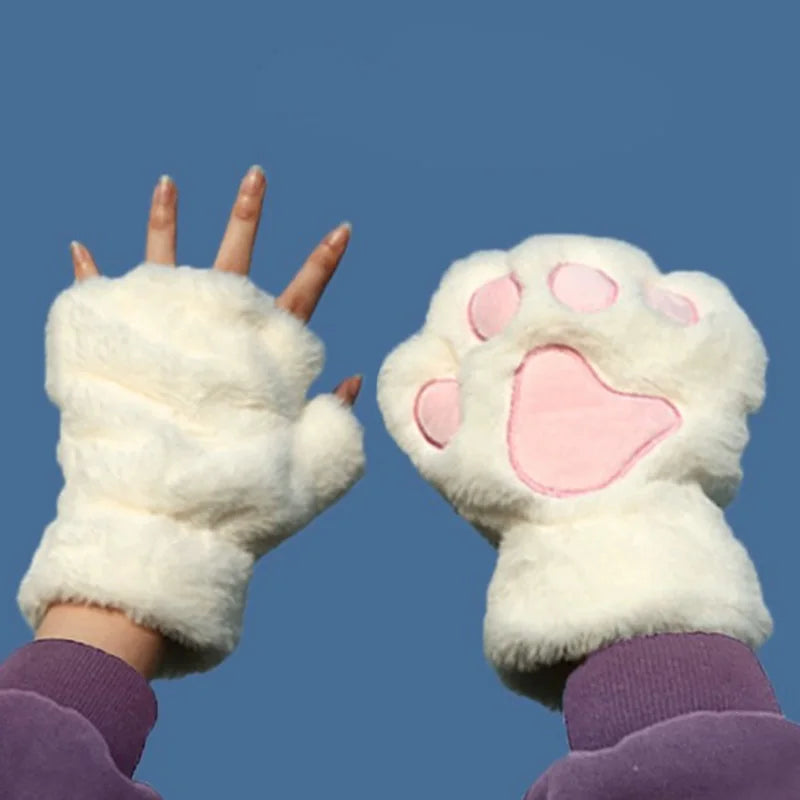 Cute Cat Paw Fingerless Mittens Plush Half-Finger Warm Fluffy Gloves for Women & Unisex