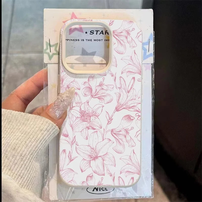 Pink Lily Floral Leather-Texture Shockproof Bumper Phone Case for iPhone - Anti-Drop Anti-Fingerprint