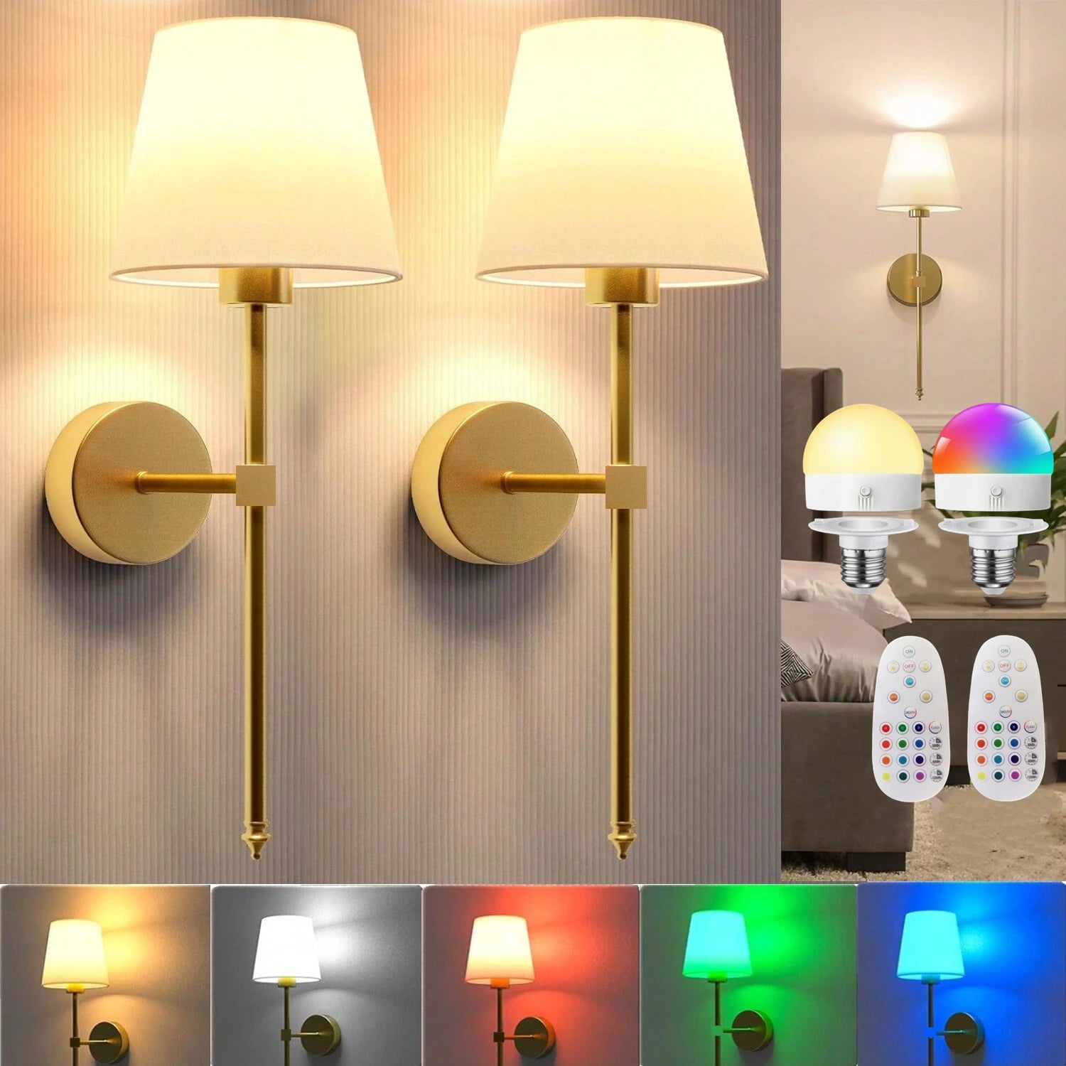 Rechargeable Wireless Wall Lamp with Detachable E27 Bulb — Dimmable LED Remote Control, 10 Color Modes
