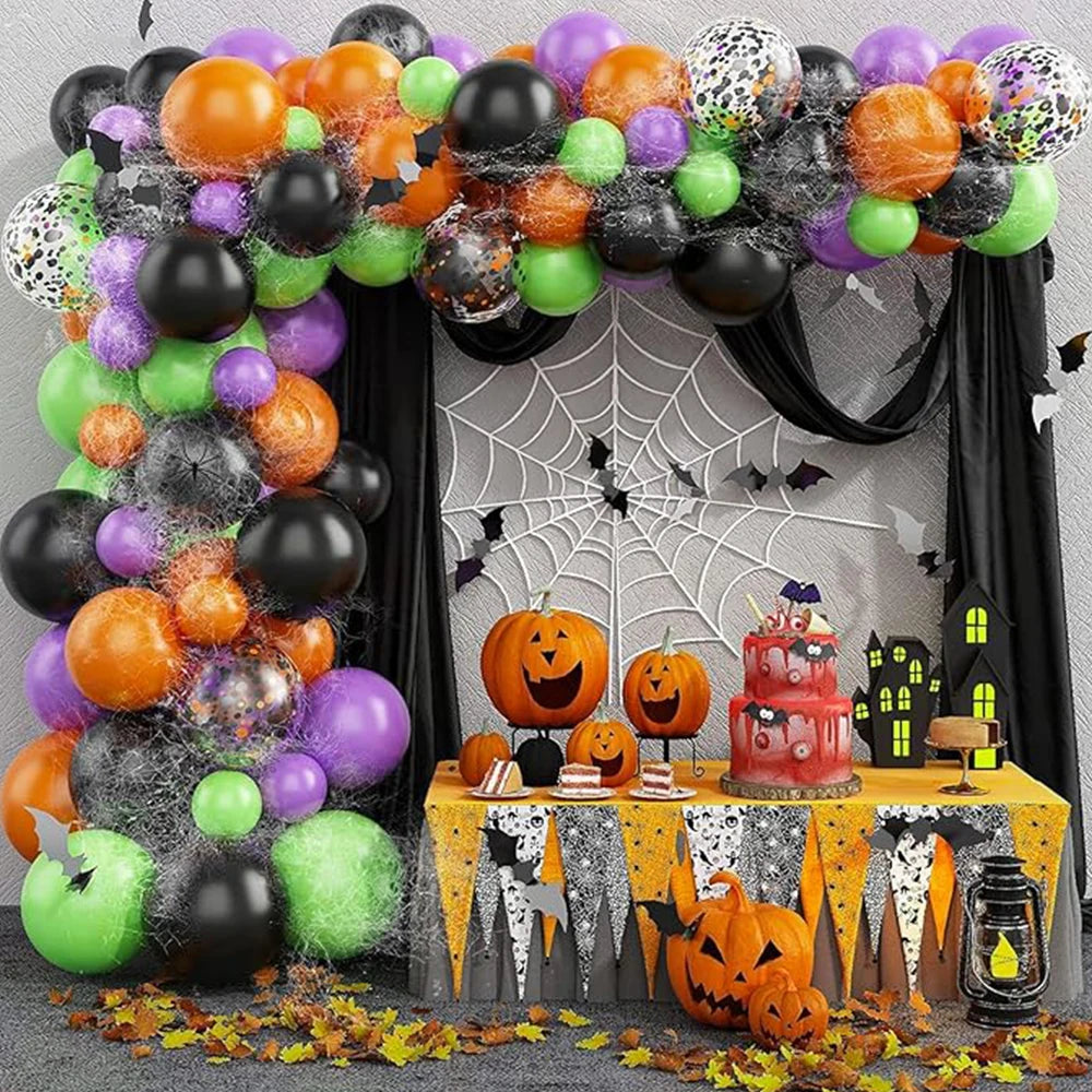 50-Pack Halloween Balloon Set – Matte Black, Orange & Purple with Metallic Confetti