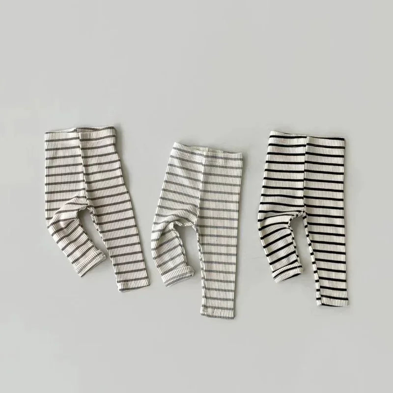 0-3T Baby Striped Cotton Stretch Leggings – Elastic Waist Toddler Skinny Pants