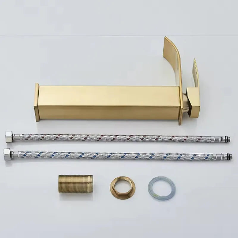 Brushed Gold Waterfall Bathroom Faucet - Single Lever Deck-Mount Basin Mixer, Single Hole, Stainless Steel Ceramic Valve
