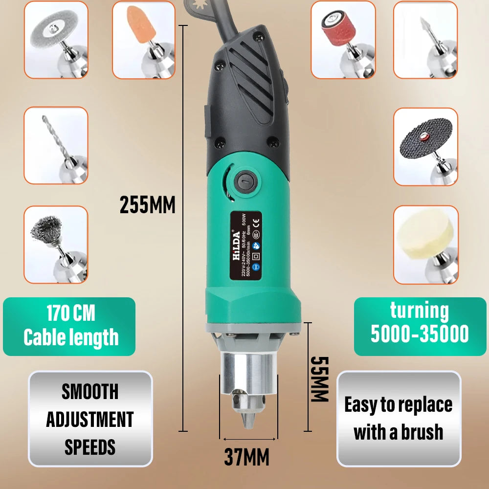 Engraver Electric Drill 500W 6-Speed Rotary Tool Kit - High-Power Grinder & Polisher for Woodworking